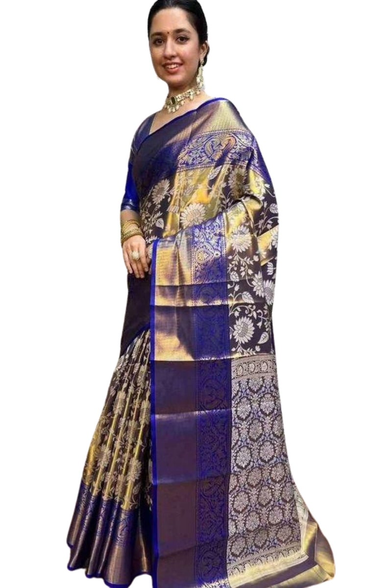 SGF11- Women's Kanjivaram Soft Silk Handloom Saree Pure Golden Zari With Blouse Piece (Blue) - Image 1