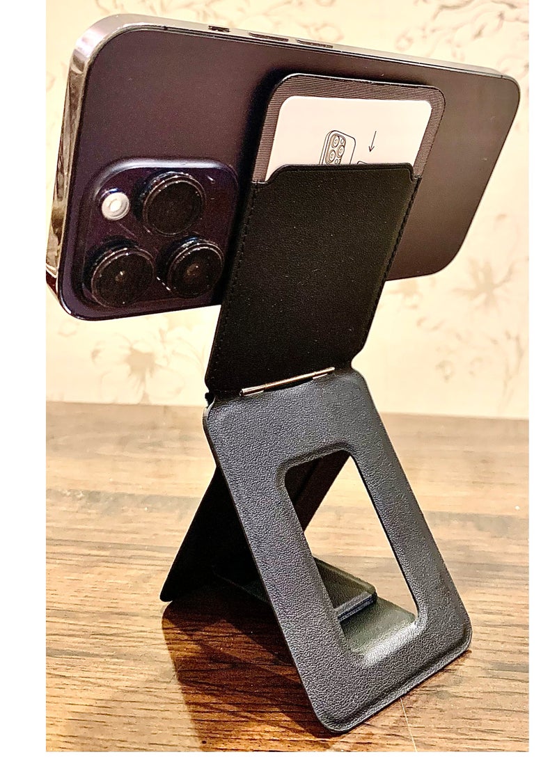 ستاند حامل هاتف محمول وآيفون، محفظة هاتف تدعم NFC، عصا سيلفي بحجم الجيب، حامل بطاقات من جلد نباتي بزوايا قابلة للتعديل، أساسي للسفر، باللون الأسود - Image 1