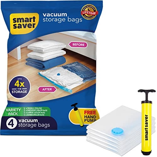 Smart Saver 4 Pack Smart Saver Vacuum Bags for Travel, Space Saver Bags (1 Jumbo/1 Large/1 Medium/1 Small) Compression Storage Bags for Clothes, Bedding, Pillows, Comforters with Travelling Hand Pump - Image 1