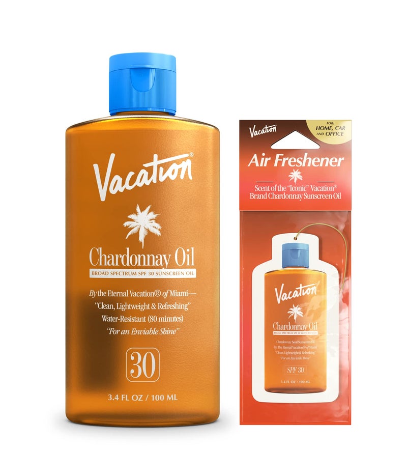 Vacation Chardonnay Oil SPF 30 & Air Freshener Bundle, Hydrating & Nourishing, Lightweight, Transparent on All Skin Tones, Water-Resistant, Travel Size Sunscreen, 3.4 Fl. Oz. - Image 1