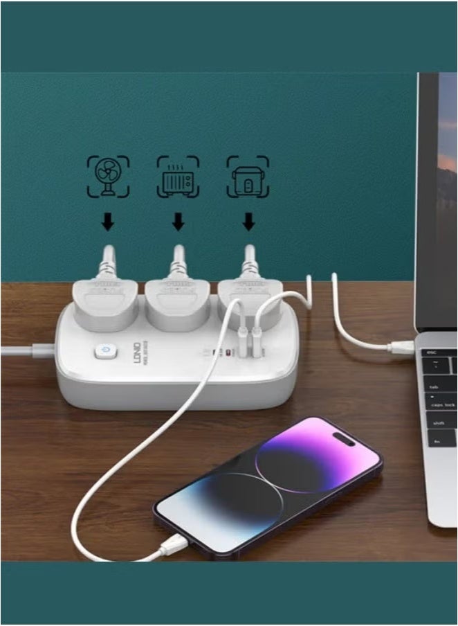 LDNIO Universal Power Strip Extension Socket with 3 AC Outlets and 4 GaN USB Charging Ports – Multi Plug Board with Surge Protection, Fast Charging, Smart IC, Fire-Resistant Housing, 1.8M Power Cord – Ideal for Home, Office, TV, Gaming, and Travel Use  - Image 3