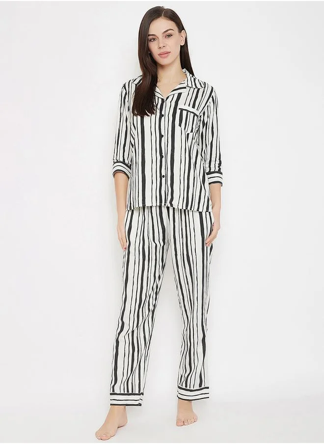 Clovia Striped Button Down Shirt & Pyjama Set