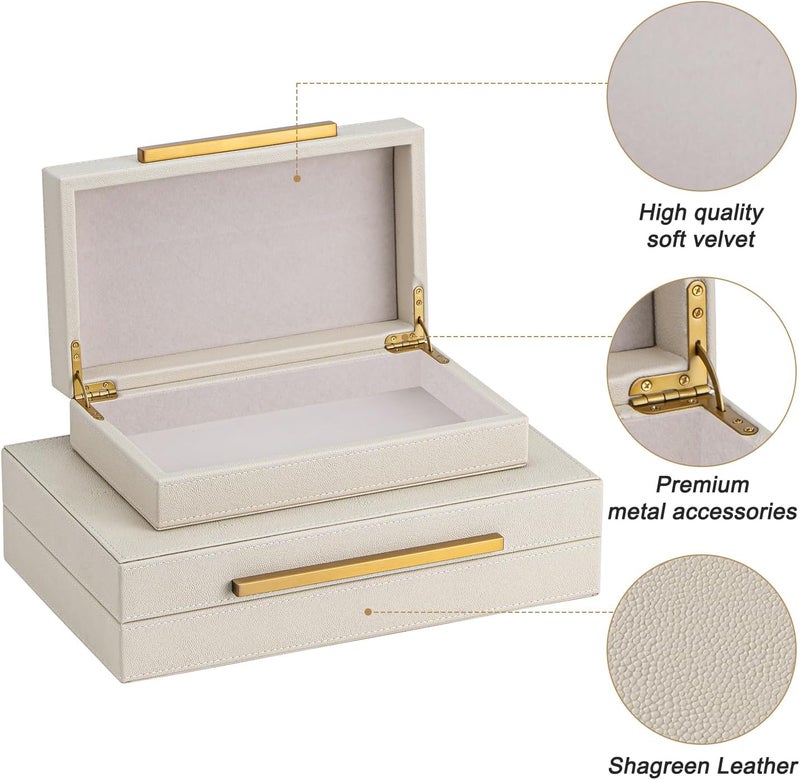 XIGEXIGE Faux Leather Large Modern Stackable Nesting Jewelry Box with Lids Organizer – Set of 2 Beige Shagreen Decorative Storage Boxes with Gold Metal Handles - Image 5