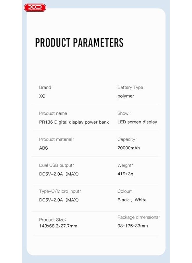 XO PR-136 Wired Power Bank, 20000mAh - Black - Image 3