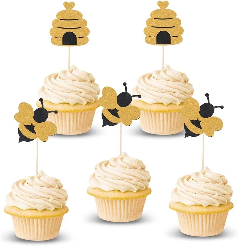 Confetti! 24 Pcs Glitter Bumble Bee Cupcake Toppers for Baby Shower Birthday Honey Bee Party Decor - Image 1