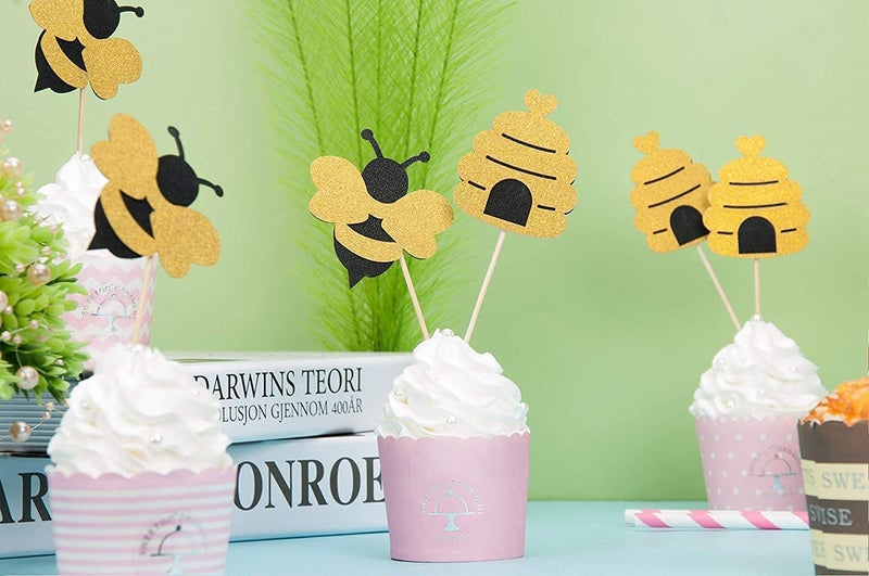 Confetti! 24 Pcs Glitter Bumble Bee Cupcake Toppers for Baby Shower Birthday Honey Bee Party Decor - Image 4