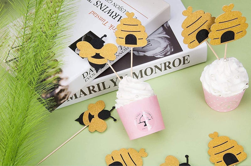 Confetti! 24 Pcs Glitter Bumble Bee Cupcake Toppers for Baby Shower Birthday Honey Bee Party Decor - Image 5