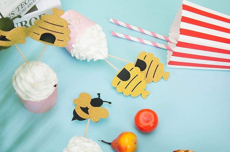 Confetti! 24 Pcs Glitter Bumble Bee Cupcake Toppers for Baby Shower Birthday Honey Bee Party Decor - Image 3