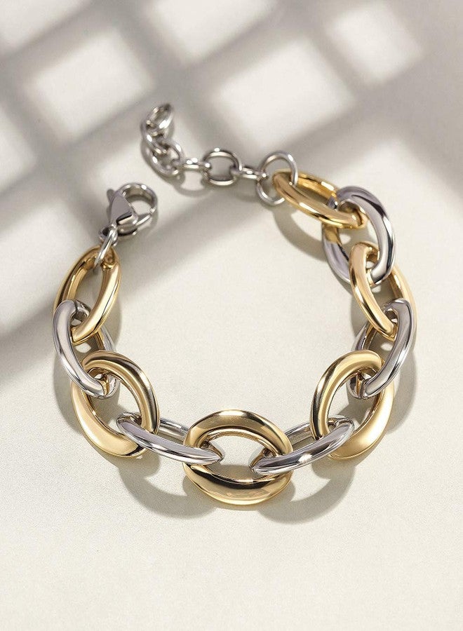 CIUNOFOR Link Bracelet Designer Brand Inspired Antique Women Jewelry Cable Wire Vintage Valentine Wide Cuban Curb Link Bracelet for Men Stainless Steel Adjustable Chain (two tone) - Image 2