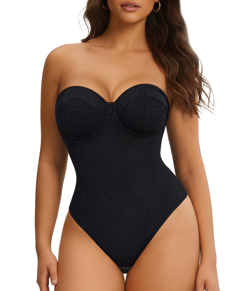 Nebility Strapless Shapewear Bodysuit for Women - Thong Body Suits Tummy Control Tube Top Underwire Lace Corset with Removable Strap - Image 1