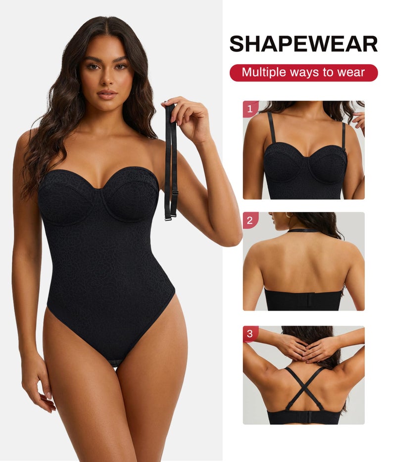 Nebility Strapless Shapewear Bodysuit for Women - Thong Body Suits Tummy Control Tube Top Underwire Lace Corset with Removable Strap - Image 4