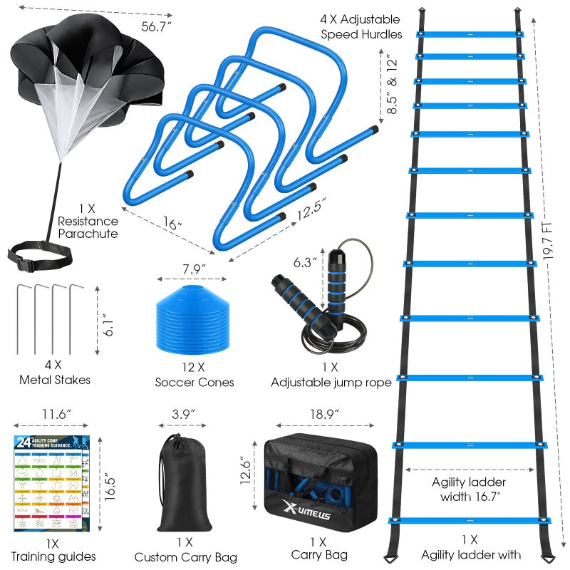 X-UMEUS Agility Ladder Speed Training Equipment Set: 20ft Agility Ladder,12 Soccer Cones,4 Adjustable Hurdles, Jump Rope, Running Parachute| Basketball Football Soccer Training Equipment for Kids Youth Adults - Image 2