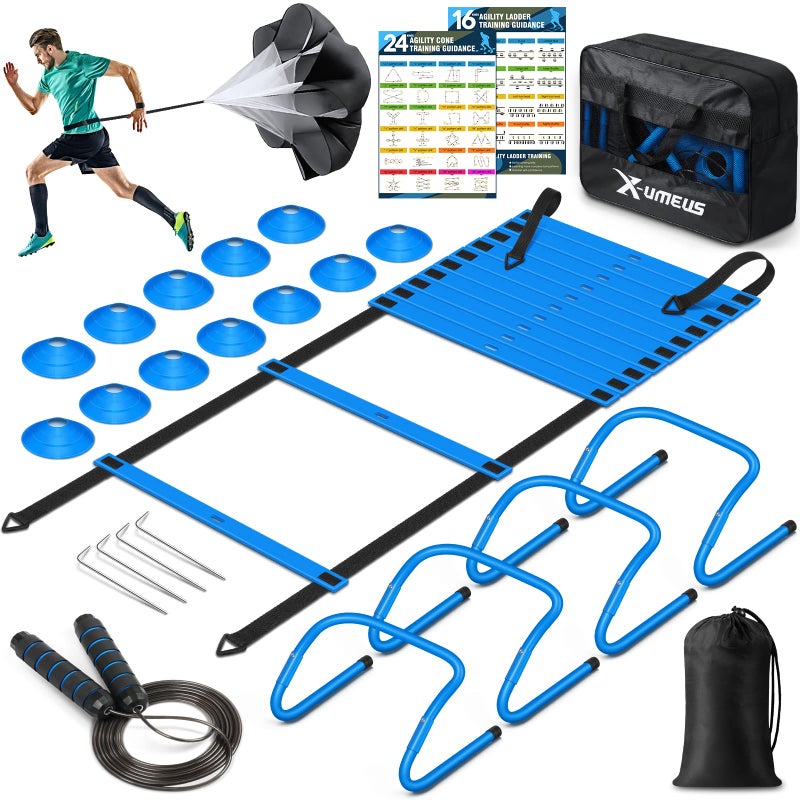 X-UMEUS Agility Ladder Speed Training Equipment Set: 20ft Agility Ladder,12 Soccer Cones,4 Adjustable Hurdles, Jump Rope, Running Parachute| Basketball Football Soccer Training Equipment for Kids Youth Adults - Image 1