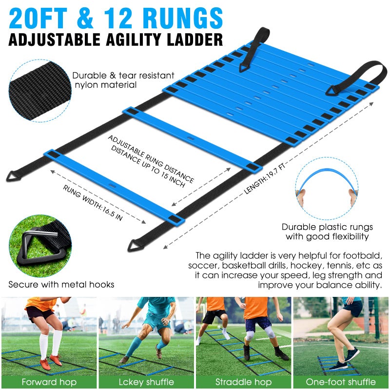 X-UMEUS Agility Ladder Speed Training Equipment Set: 20ft Agility Ladder,12 Soccer Cones,4 Adjustable Hurdles, Jump Rope, Running Parachute| Basketball Football Soccer Training Equipment for Kids Youth Adults - Image 3