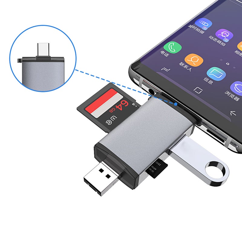قارئ بطاقات 6 في 1 رمادي من سبائك الألومنيوم بمسنتين مزدوجتين - مدعوم بـ OTG و USB 3.0 و Type C لمنزلك ومكتبك، وأجهزة الكمبيوتر المحمولة، والهواتف الذكية، والأجهزة التخزين الخارجية - Image 4