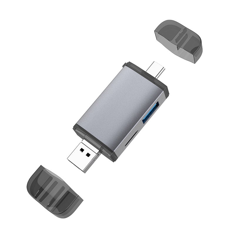 قارئ بطاقات 6 في 1 رمادي من سبائك الألومنيوم بمسنتين مزدوجتين - مدعوم بـ OTG و USB 3.0 و Type C لمنزلك ومكتبك، وأجهزة الكمبيوتر المحمولة، والهواتف الذكية، والأجهزة التخزين الخارجية - Image 1
