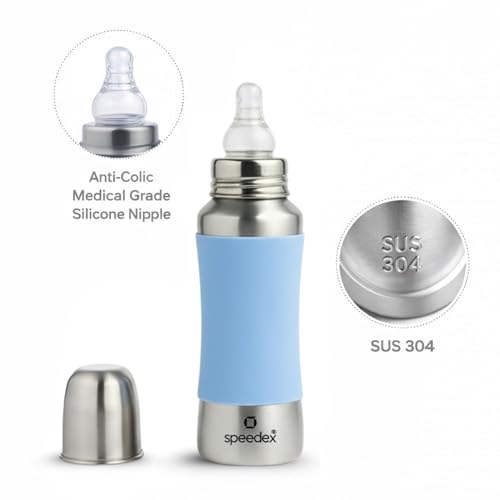 Speedex Stainless Steel Baby Feeding Bottle 240ml And Cleaning Brush Combo with Internal ML Marking (240 ML with 1 Brush and 1 Extra Nipple Free) (Blue, 240) - Image 2