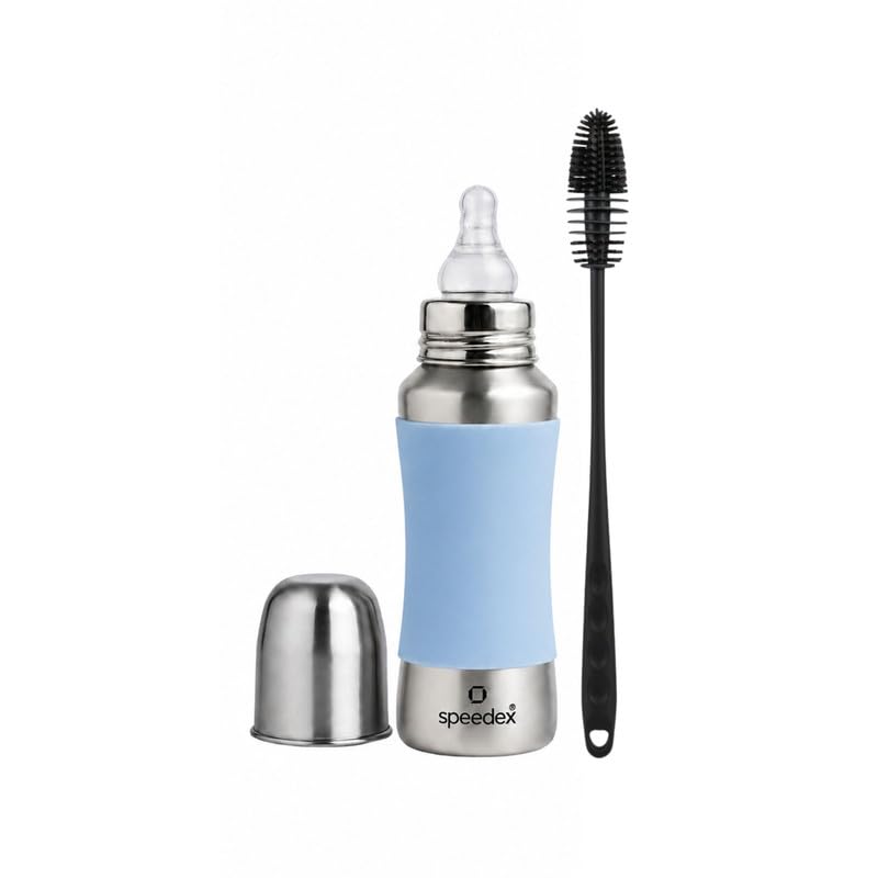 Speedex Stainless Steel Baby Feeding Bottle 240ml And Cleaning Brush Combo with Internal ML Marking (240 ML with 1 Brush and 1 Extra Nipple Free) (Blue, 240) - Image 1