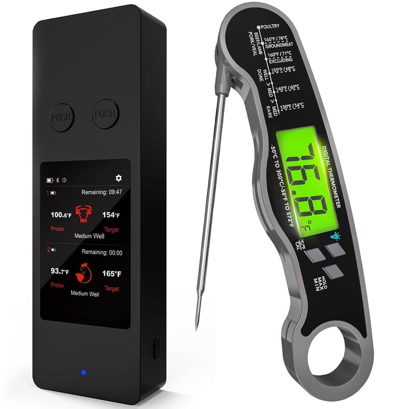 AWLKIM Wireless Meat Thermometer Digital 800 ft Bluetooth- Waterproof Food Thermometer with 2 Probes for Oven Cooking, Grill, Candy, Kitchen & Stocking Stuffers for Men - Grey - Image 1