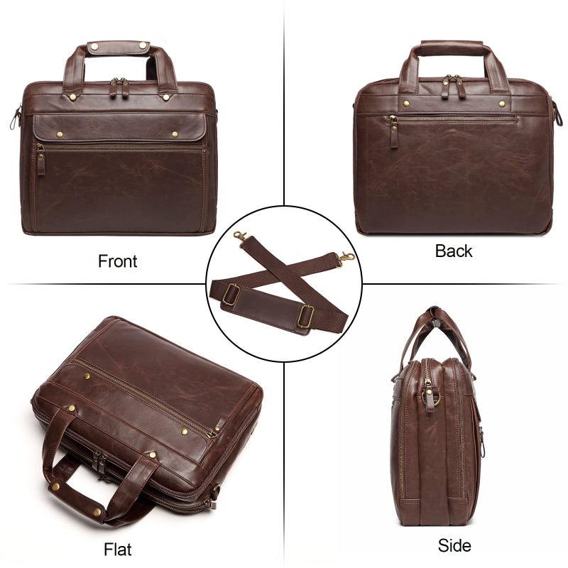 Bosidu Leather Briefcases for Men 15.6 Inch Laptop Messenger Bag with Triple Compartments Water-Resistant Computer Shoulder Bag for Business, Travel, Work, Office, Brown - Image 4
