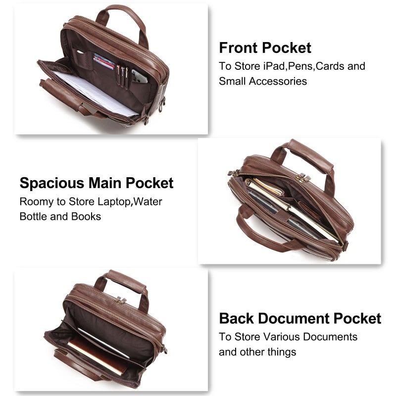 Bosidu Leather Briefcases for Men 15.6 Inch Laptop Messenger Bag with Triple Compartments Water-Resistant Computer Shoulder Bag for Business, Travel, Work, Office, Brown - Image 2