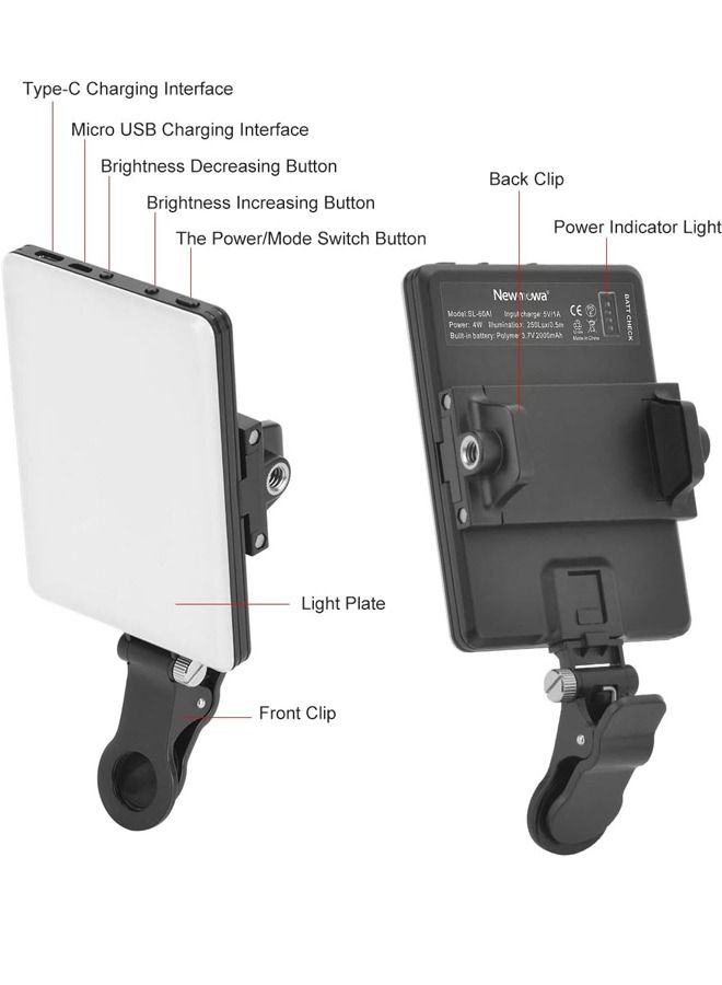 PADOM مصباح فيديو Padom 60 LED عالي الطاقة قابل لإعادة الشحن يملأ الفيديو مع مشبك أمامي وخلفي، 3 أوضاع إضاءة قابلة للتعديل للهاتف، iPhone، Android، iPad، الكمبيوتر المحمول، للمكياج، TikTok، Selfie، Vlog، مؤتمر الفيديو - Image 4