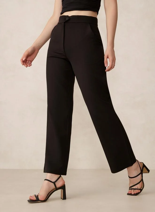 OUTZIDR Black Extended Waistband Straight Fit Trousers