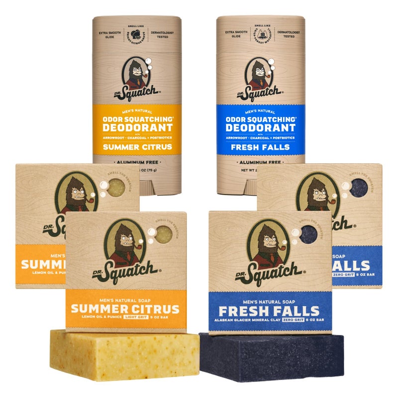 Dr. Squatch Manly Soap and Deodorant Variety Pack - Handmade with Organic Oils, Aluminum-Free - Summer Citrus and Fresh Falls - Men's Natural Soap - Image 1