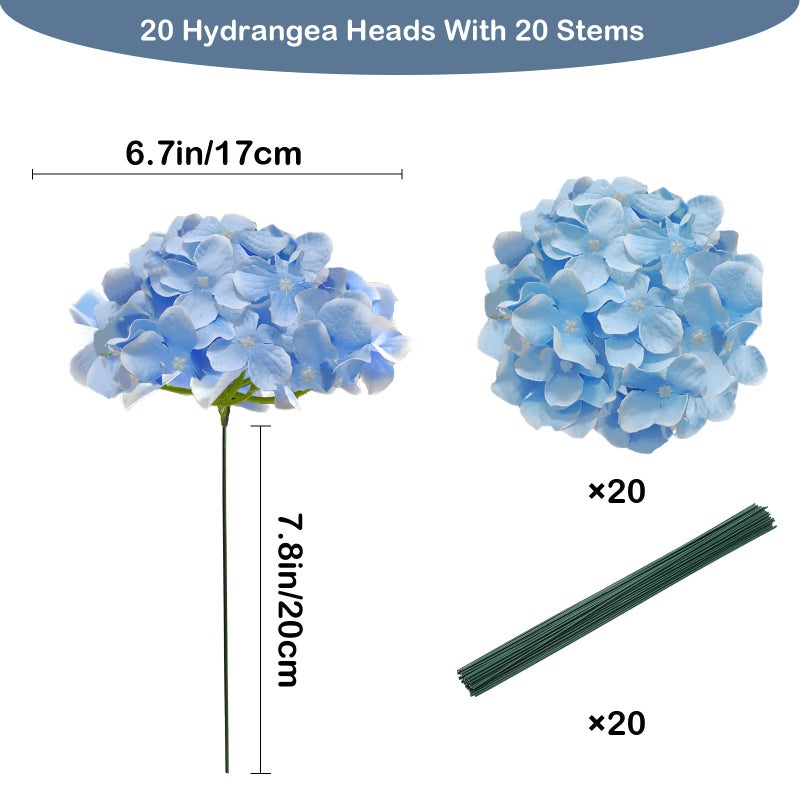 Cherica 20 Pcs Blue Hydrangea Artificial Flowers Bulk, Faux Hydrangea Flowers Heads, Artificial Fake Silk Hydrangea Flowers with Stems, Blue Flowers Artificial for Decoration Wedding DÃ©cor - Image 2