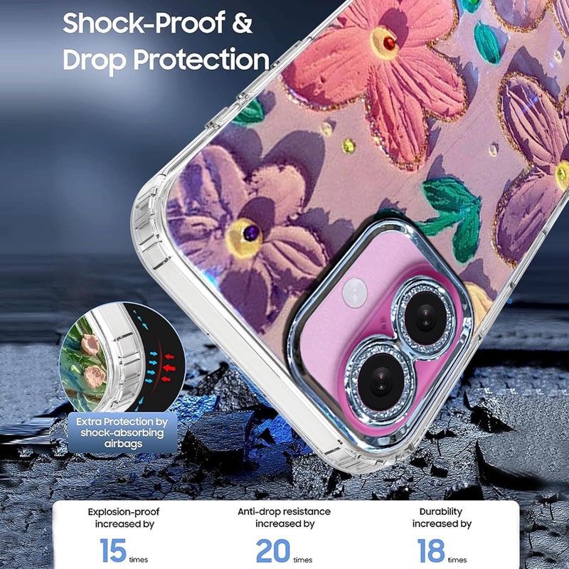 Elzzi حافظة متوافقة مع آيفون 16 بلس بتصميم زهرة ليزر زيتية ملونة جميلة مع حماية كاملة للكاميرا، صدمة PC+TPU غلاف لامع لفتاة وامرأة، وردي وبنفسجي - Image 5