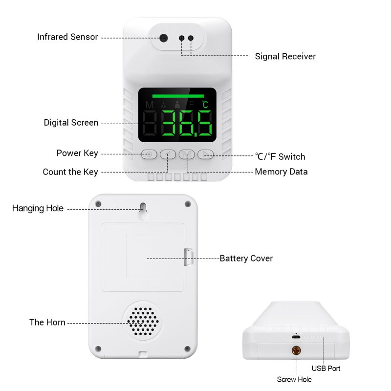 Infrared Thermometer Wall Mounted Non-Contact Measurement - Accurate Reliable Readings Forehead Thermometer for Home Public Places With Celsius Fahrenheit Switchable Backlight Alarm Flexible Installat - Image 2