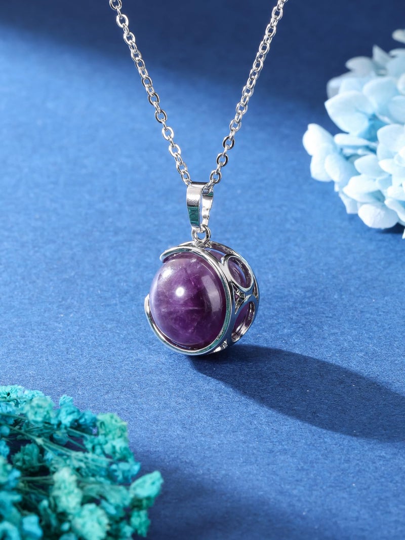 Top Plaza Amethyst Healing Crystal Stone Necklace Round Ball Rotating Natural Gemstone Pendant Necklace for Women Purple Energy Jewelry Christmas Gifts - Image 2