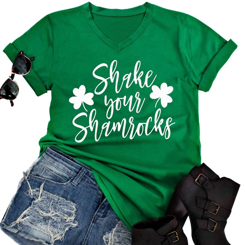 Shake Your Shamrocks Funny St. Patrick's Day Irish T-Shirt Women V-Neck Letter Print Cute Shamrock Shirt Tee Tops Size M (Green)