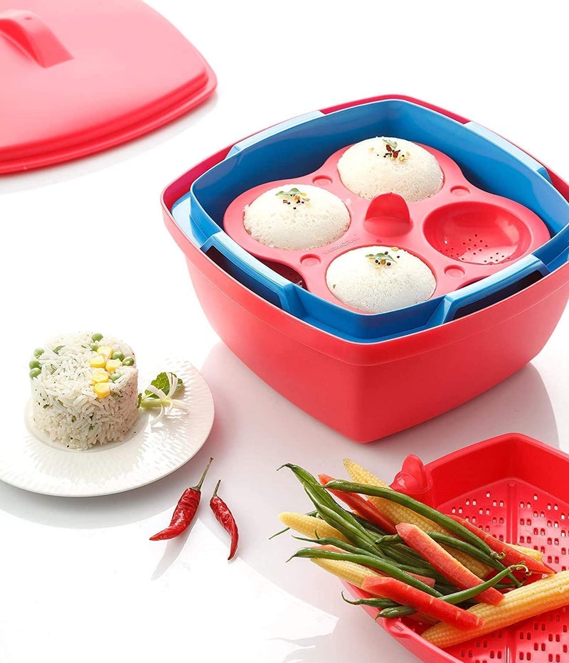 Dhavl Microwave Dishwasher Safe Plastic Idli MakersMakes 8 Idlis Vegetable Steamer Rice CookerFull Big Set Rice Maker Idli Steamer With Lid Plastic Idli Maker Multicolour - Image 1