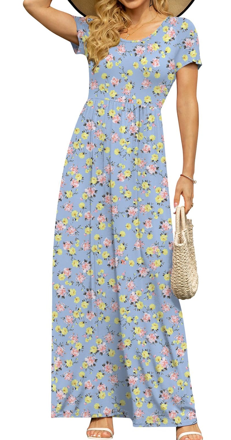 DB MOON Womens 2026 Casual Summer Maxi Dresses Short Sleeve Empire Waist Spring Long Dress with Pockets(Blue Floral 03, L) - Image 1