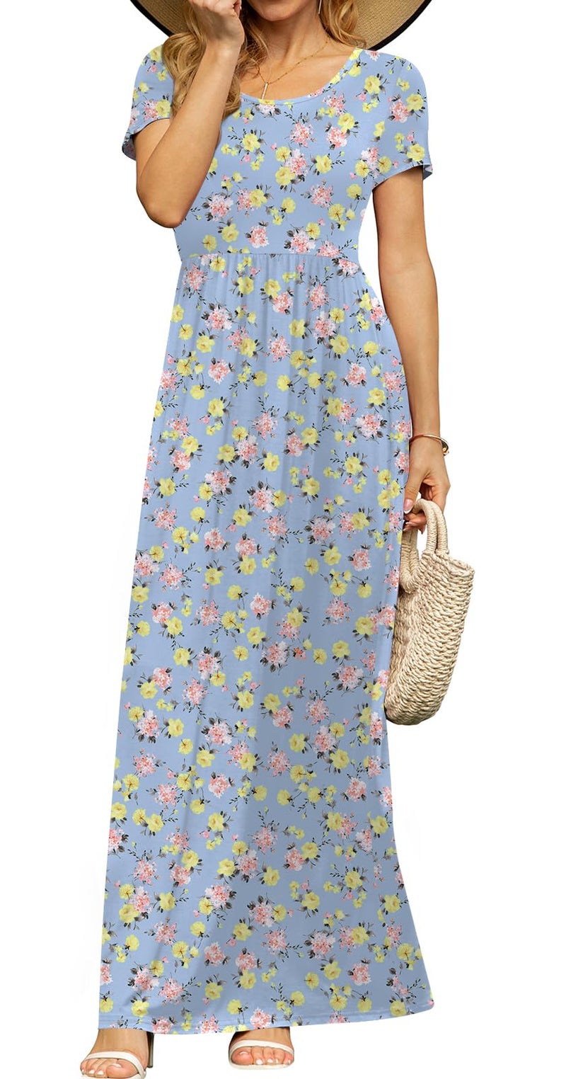 DB MOON Womens 2026 Casual Summer Maxi Dresses Short Sleeve Empire Waist Spring Long Dress with Pockets(Blue Floral 03, L) - Image 2