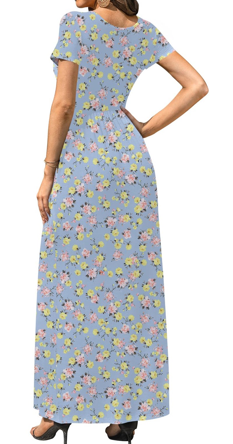 DB MOON Womens 2026 Casual Summer Maxi Dresses Short Sleeve Empire Waist Spring Long Dress with Pockets(Blue Floral 03, L) - Image 3