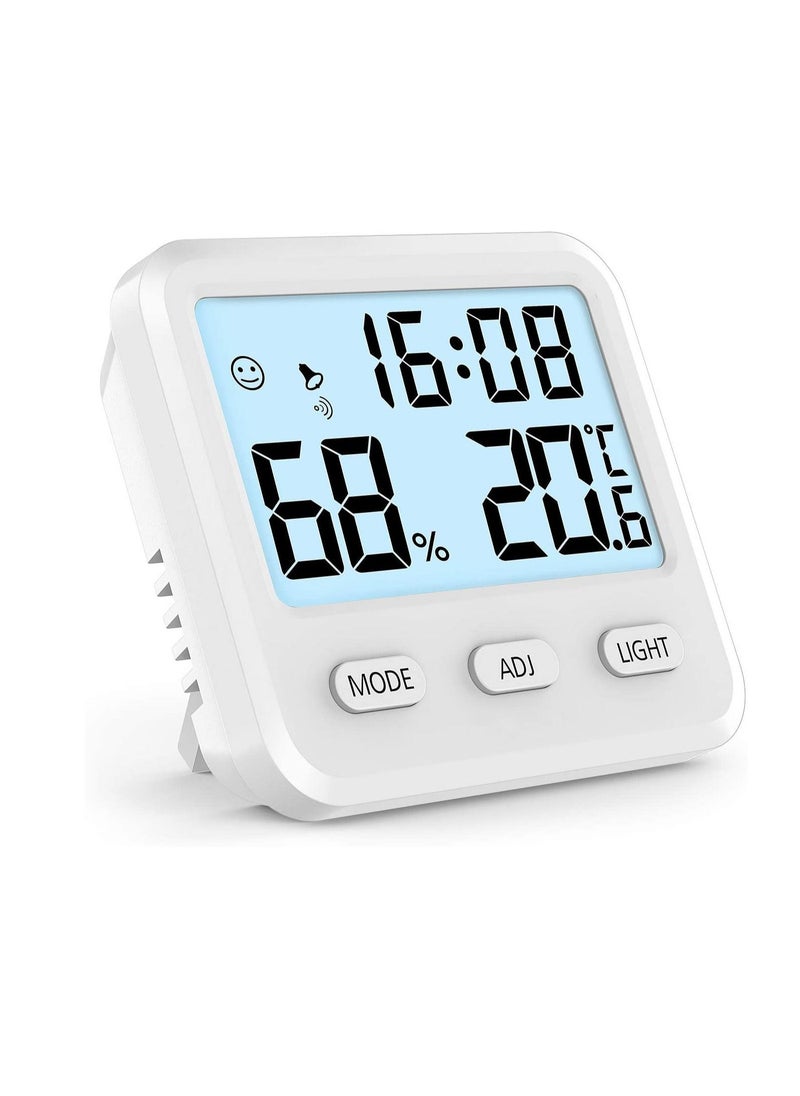 Digital Hygrometer Indoor Thermometer, Humidity Gauge Indicator Room Built-in Clock and Time Display，Accurate Temperature Monitor Meter for Home, Office, Home Cellar Greenhouse Accurate Temp(White)