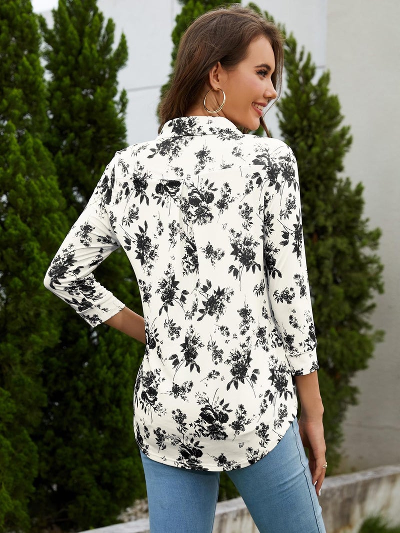 Bulotus 3/4 Length Sleeve Womens Tops, Business Casual Clothes for Women Collared V Neck Shirts Loose Fit tunic tops to Wear with Leggings Fall Tops Fashion 2023, Black Flower, M - Image 4