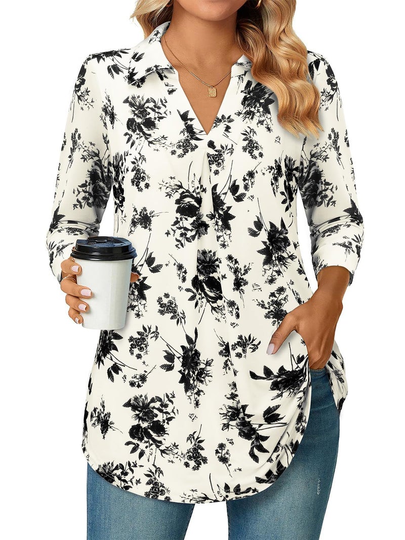 Bulotus 3/4 Length Sleeve Womens Tops, Business Casual Clothes for Women Collared V Neck Shirts Loose Fit tunic tops to Wear with Leggings Fall Tops Fashion 2023, Black Flower, M - Image 1
