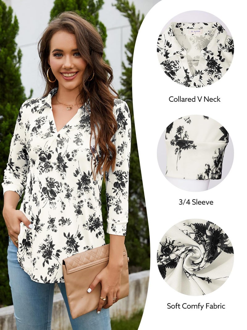 Bulotus 3/4 Length Sleeve Womens Tops, Business Casual Clothes for Women Collared V Neck Shirts Loose Fit tunic tops to Wear with Leggings Fall Tops Fashion 2023, Black Flower, M - Image 5