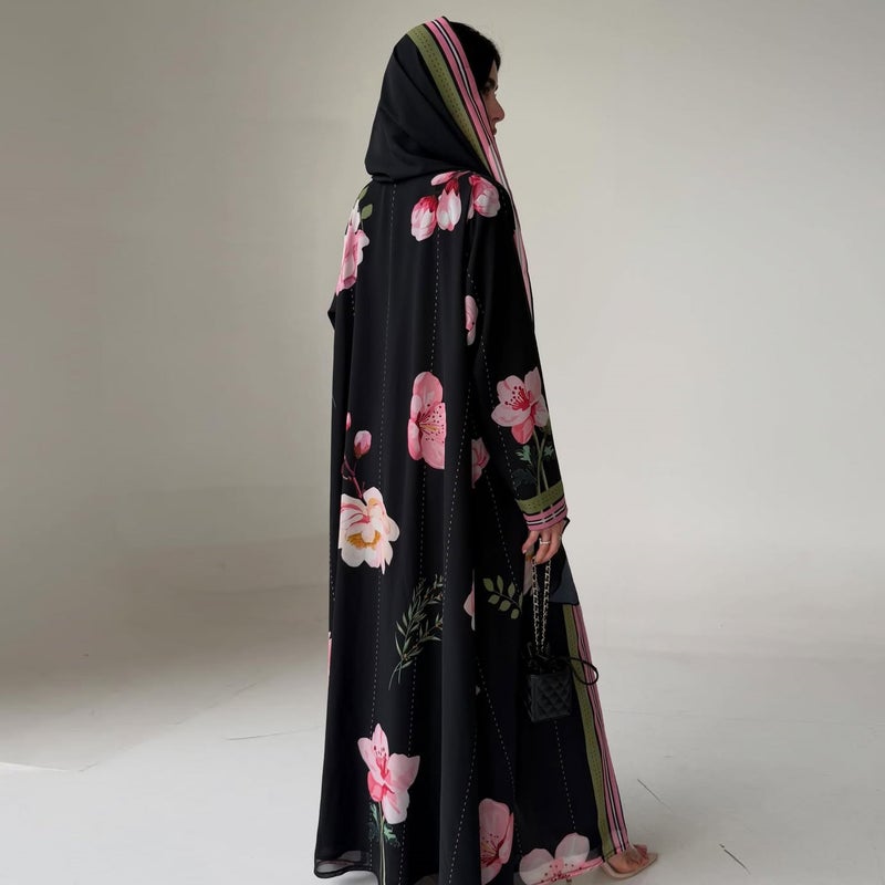 Women's Ethnic Style Chiffon Printed Long Sleeve Maxi Dress with Headscarf - Image 4