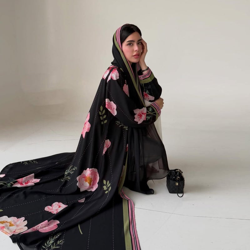 Women's Ethnic Style Chiffon Printed Long Sleeve Maxi Dress with Headscarf - Image 3