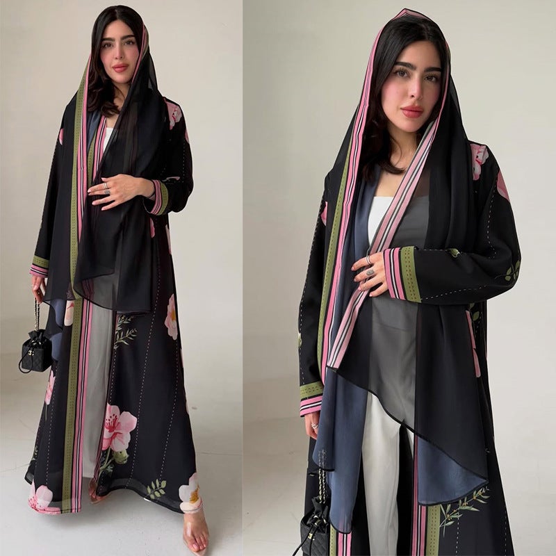 Women's Ethnic Style Chiffon Printed Long Sleeve Maxi Dress with Headscarf - Image 2