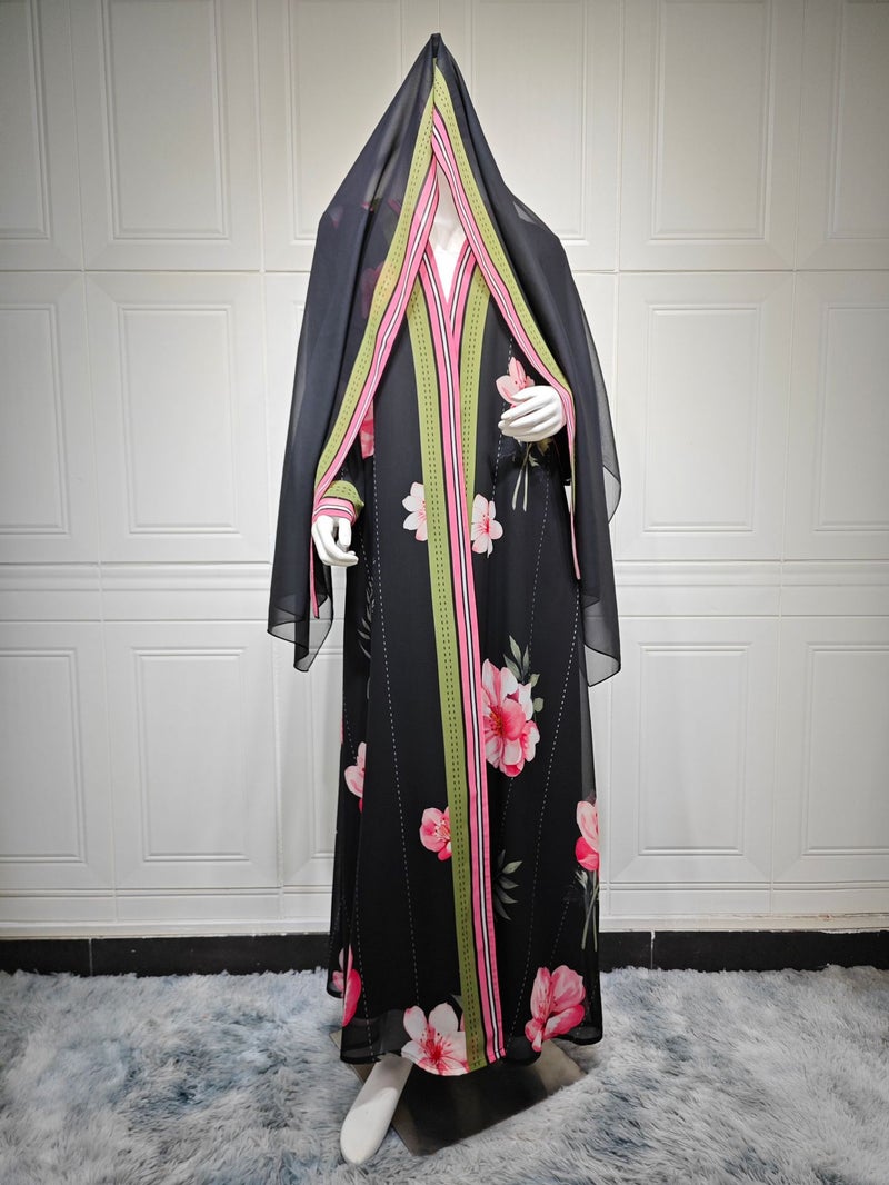 Women's Ethnic Style Chiffon Printed Long Sleeve Maxi Dress with Headscarf - Image 1