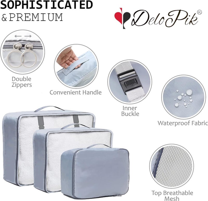 DeloPik 7PCS Packing Cubes Value Set for Travel Luggage Organiser Bag Compression Pouches Clothes Suitcase Water proof, gray - Image 2