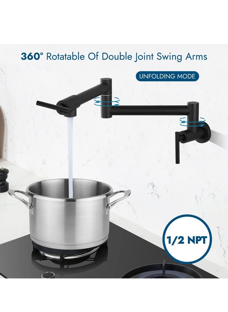 TRASSLE Kitchen Sink Faucet Wall Mounted,Rotatable Pot Filler Faucet Wall Mounted,Solid Brass Folding Stretchable Kitchen Faucet Single Hole Double Switch for Home Restaurant (Matte Black) - Image 3