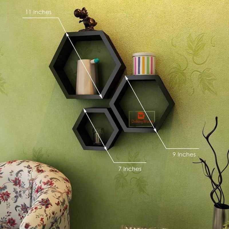 TechHark Wall Shelf Home Decor Living Room Decorative Self Office Decore Shleves Hexa Black 3 Polypropylene - Image 3