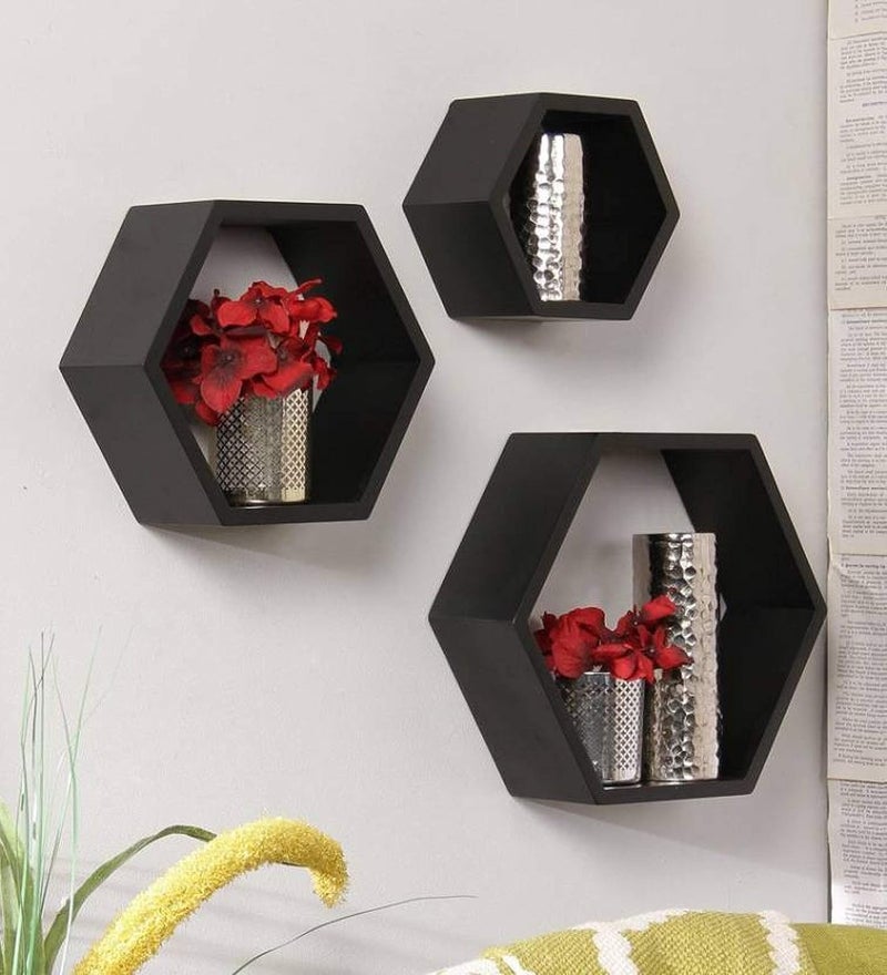 TechHark Wall Shelf Home Decor Living Room Decorative Self Office Decore Shleves Hexa Black 3 Polypropylene - Image 1