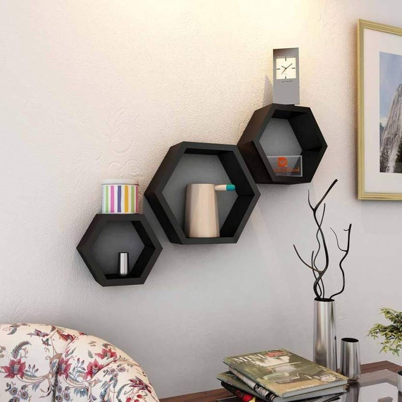 TechHark Wall Shelf Home Decor Living Room Decorative Self Office Decore Shleves Hexa Black 3 Polypropylene - Image 2